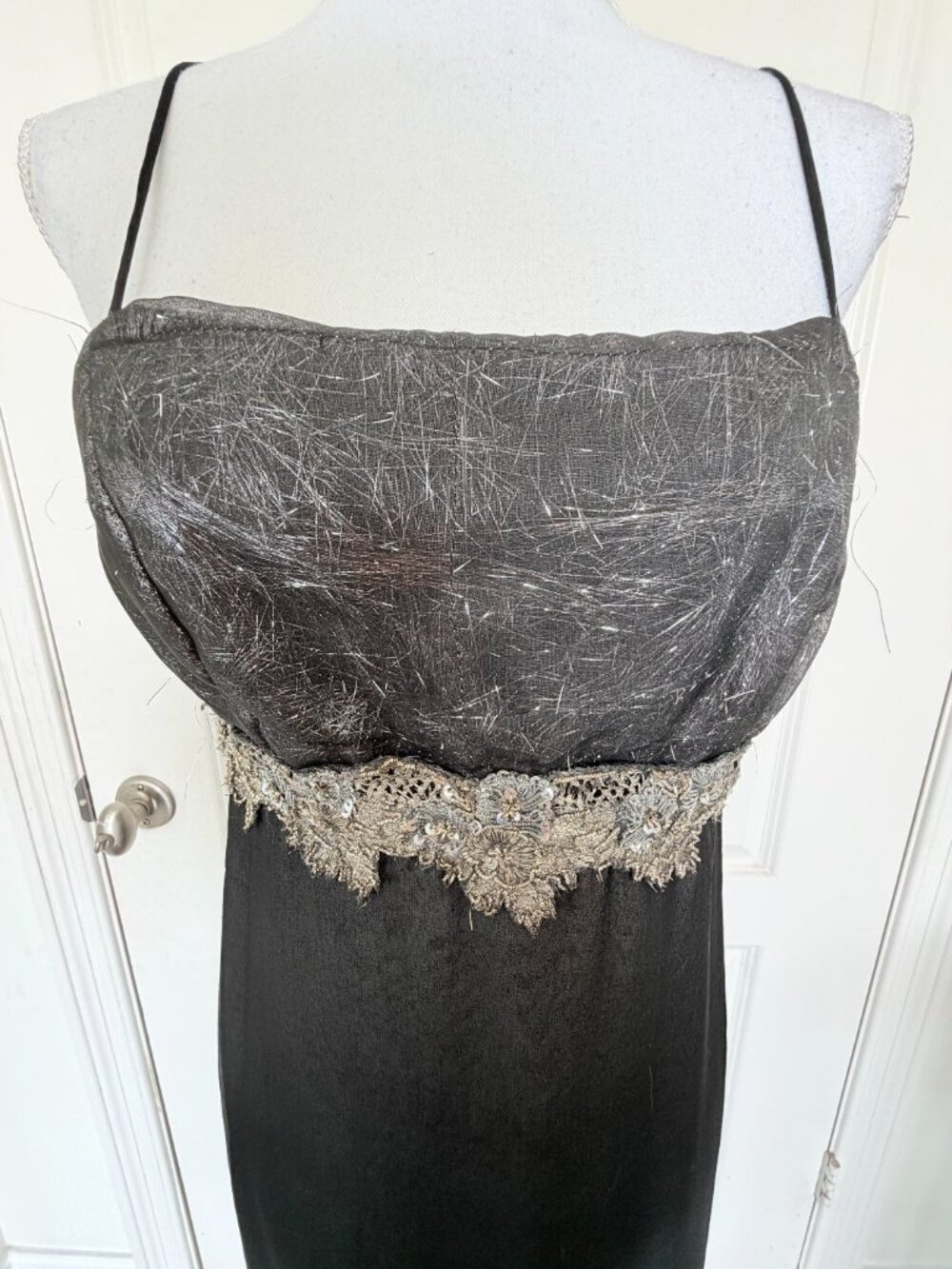 Vtg 90s Del Rosario Silk Halter Maxi Dress Black Silver Beaded Gown 8 - Picture 9 of 12
